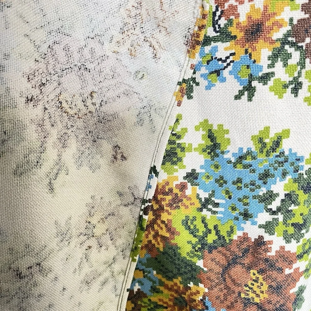 Vintage 70s colorful faux cross stitch floral fabric tablecloth retro 58x98
